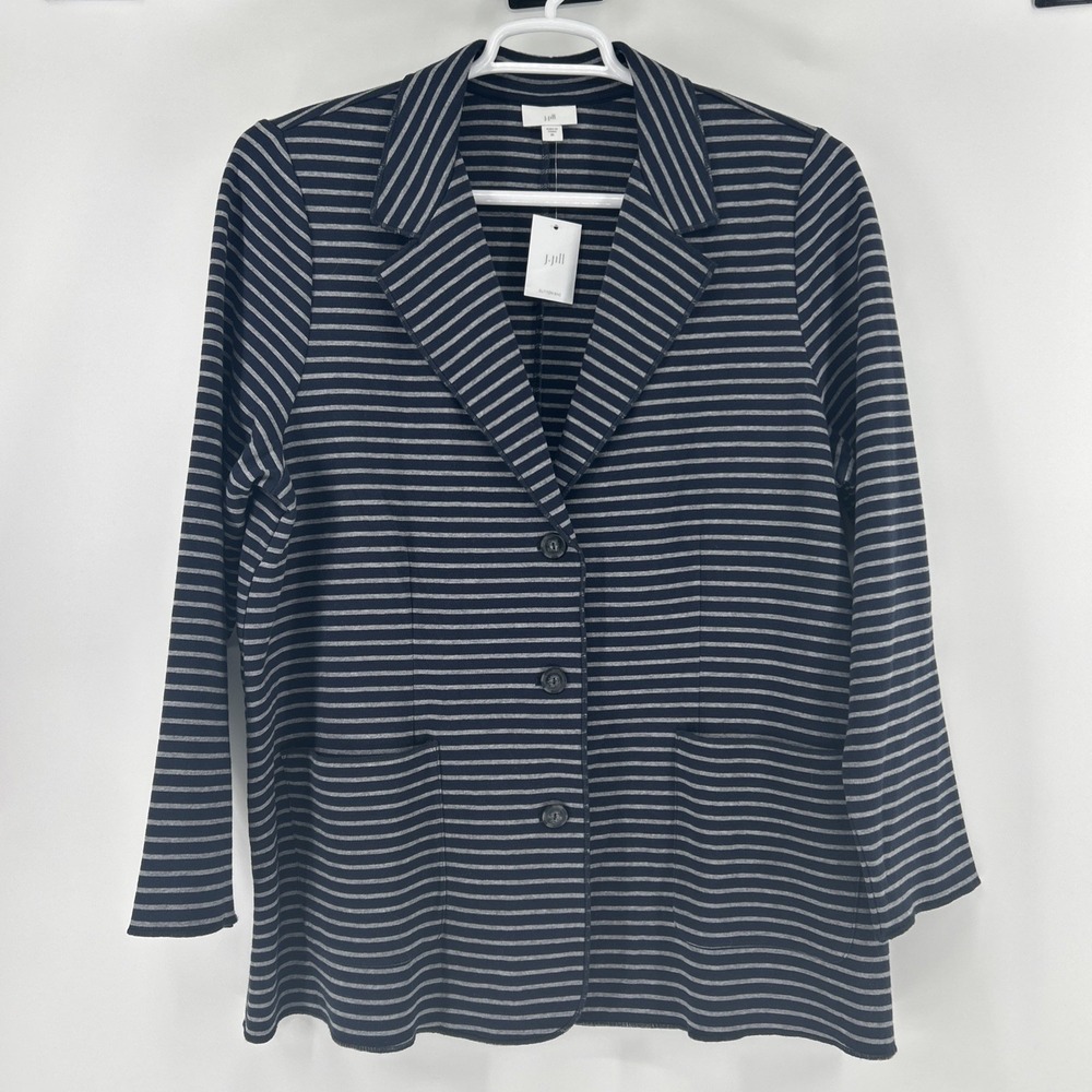 J Jill Jacket Women's XL Navy Blue Stripes Boxy Relaxed Office Professional